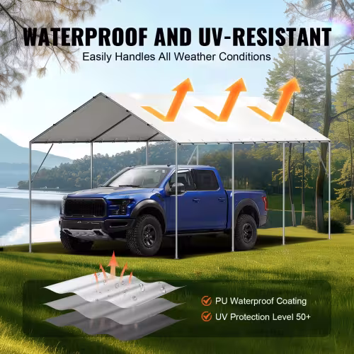 VEVOR 10 X 20 Ft Carport Replacement Canopy Cover, Garage Top Tent Shelter Tarp Heavy-Duty Waterproof & UV Protected, Easy Installation With 40 Ball Bungeess Only Top Cover, Frame Not Include, White