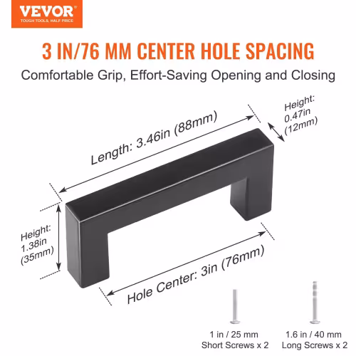 VEVOR 10 Pack Cabinet Pulls, 3in 76mm Center To Center Slim Square Kitchen Cabinet Drawer, Stainless Steel Modern Kitchen Cupboard Door Handles For Kitchen Bathroom Bar Hardware Matte Black