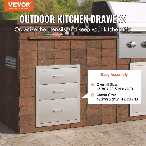 VEVOR 18x20.5 Inch Outdoor Kitchen Stainless Steel Triple Access BBQ Drawers With Chrome Handle, 18 X20.5 X 23 Inch