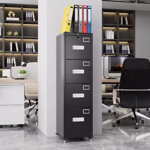 4 Drawer Vertical File Cabinet On Wheels, Lockable Office Files Storage Cabinet With Handle And Name Card,Mobile Storage Cabinet For Office And Home,Assembly Required,Black