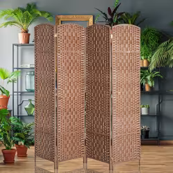 6FT Tall 4-Panel Wicker Weave Room Divider, Folding Privacy Screen, Portable Partition For Bedroom & Home Office, Natural