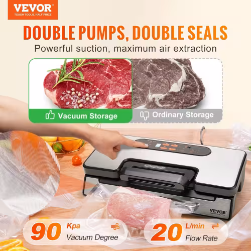 Vacuum Sealer Machine, 90Kpa 130W Powerful Dual Pump And Dual Sealing, Dry And Moist Food Storage, Automatic And Manual Air Sealing System With Built-in Cutter, With Seal Bag And External Hose