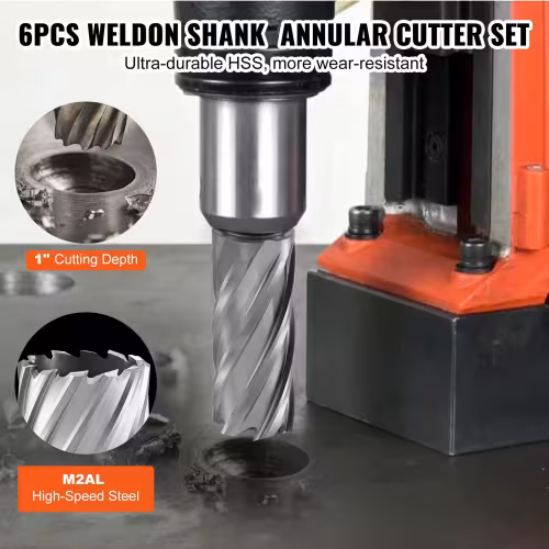 Annular Cutter Set, 6 Pcs Weldon Shank Mag Drill Bits, 1 2 To 1-1 16 Cutting Diameter, 1 Cutting Depth, M2AL High-Speed Steel, With Pilot Pin And Portable Case, For Using With Magnetic Drills