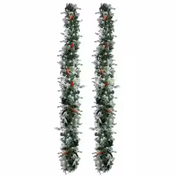 2 Pack 9FT Pre-lit Snow Flocked Christmas Garland, Lighted Artificial Xmas Garland With 200 Warm Lights And 440 Tips And Red Berries, For Front Door Gate Wall Xmas Party Decorations, Snowy Green