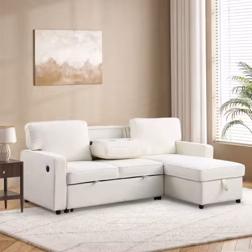 USTYLE Upholstery Sleeper Sectional Sofa With Storage Space, USB Port, 2 Cup Holders On Back Cushions