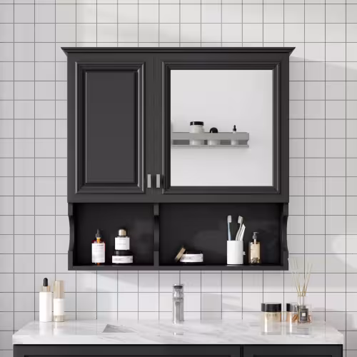 30 Inch Mirror Medicine Cabinet With Open Shelves, Wall Mounted Home Storage With Doors & Mirror, Adjustable Shelf, Bathroom Storage Cabinet Over Toilet