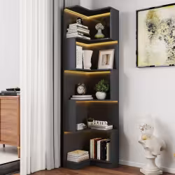 Corner Book Shelf - 5 Tier Corner Bookshelf Bookcase With Baffle, Freestanding L Shaped Display Shelf Stand With Led Lights For Home Office, Living Room, Bedroom, Kitchen