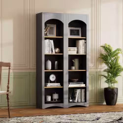 ON-TREND Free Standing 5 Tier Bookshelves, Bookcases Set Of 2, Farmhouse Two-Tone Storage Cabinet With Adjustable Shelves, Modern 72H Kitchen Pantry Cabinet For Living Room, Home Office, Grey ON-TREND Free Standing 5 Tier Bookshelves, Bookcases Set Of 2, Farmhouse Two-Tone Storage Cabinet With Adjustable Shelves, Modern 72H Kitchen Pantry Cabinet For Living Room, Home Office, Grey