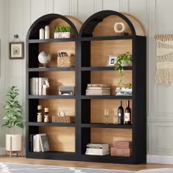 ON-TREND Freestanding Tall Bookshelves Set Of 2, Farmhouse Two-Tone Open Storage Cabinet With Fabric Arched Top, 5-Tier Display Bookcase For Living Room, Bedroom, Home Office, Black Natural ON-TREND Freestanding Tall Bookshelves Set Of 2, Farmhouse Two-Tone Open Storage Cabinet With Fabric Arched Top, 5-Tier Display Bookcase For Living Room, Bedroom, Home Office, Black Natural