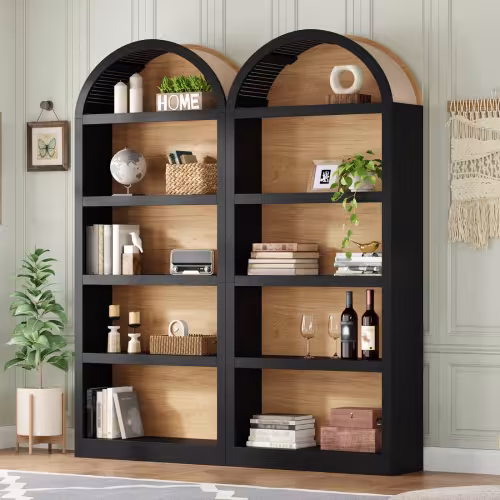 ON-TREND Freestanding Tall Bookshelves Set Of 2, Farmhouse Two-Tone Open Storage Cabinet With Fabric Arched Top, 5-Tier Display Bookcase For Living Room, Bedroom, Home Office, Black Natural