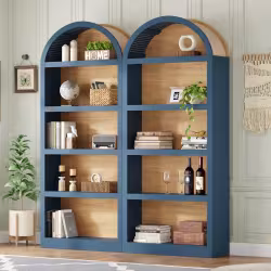 ON-TREND Freestanding Tall Bookshelves Set Of 2, Farmhouse Two-Tone Open Storage Cabinet With Fabric Arched Top, 5-Tier Display Bookcase For Living Room, Bedroom, Home Office, Blue Natural ON-TREND Freestanding Tall Bookshelves Set Of 2, Farmhouse Two-Tone Open Storage Cabinet With Fabric Arched Top, 5-Tier Display Bookcase For Living Room, Bedroom, Home Office, Blue Natural