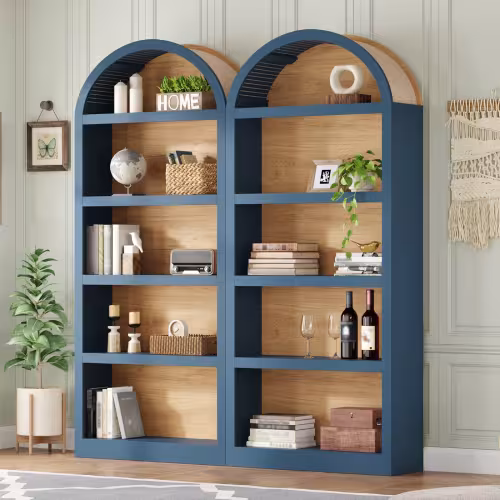 ON-TREND Freestanding Tall Bookshelves Set Of 2, Farmhouse Two-Tone Open Storage Cabinet With Fabric Arched Top, 5-Tier Display Bookcase For Living Room, Bedroom, Home Office, Blue Natural