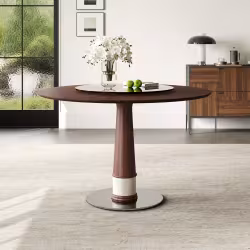 47 Inch Solid Wood Dining Table With 23 Inch Tempered Glass Lazy Susan Stainless Steel Base Round Kitchen Table Retro Fashion Home Restaurant Office Table