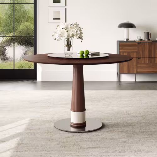 47 Inch Solid Wood Dining Table With 23 Inch Tempered Glass Lazy Susan Stainless Steel Base Round Kitchen Table Retro Fashion Home Restaurant Office Table