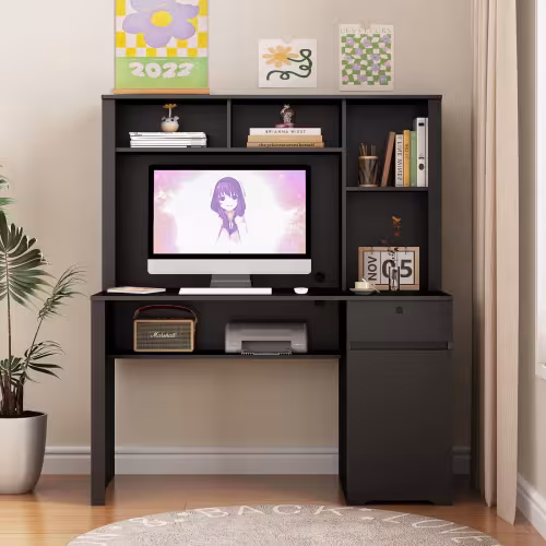 Computer Desk With Hutch & Bookshelf,Wood Executive Desk Teens Student Desk Writing Laptop Home Office Desk With Drawers,3 AC Outlets And 2 USB Charging Ports,Study Laptop Table For Home