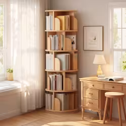 5 Tier Rotating Bookshelf, 360 Display Round Spinning Bookshelf, Space-Saving, Small Space Rotating Bookshelf Tower For Bedroom, Living Room, Home, Office, Wood Color