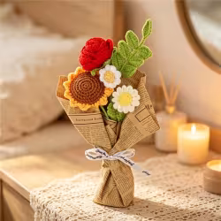 Knitted Sunflower Rose Flower Bouquet , Handmade Forever Floral Gift For Women Home Decor