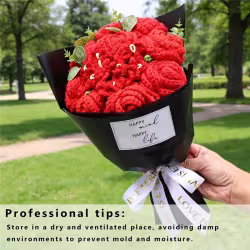 Hand-crocheted Red Rose Bouquet Paired With Eucalyptus Preserved Wool Flowers, Eleg In Black Luxurious Wrapping For A Romantic Floral Gift. Hand-crocheted Red Rose Bouquet Paired With Eucalyptus Preserved Wool Flowers, Eleg In Black Luxurious Wrapping For A Romantic Floral Gift.