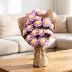 Handmade Crochet Lavender Purple Bouquet, Everlasting Knitted Yarn Flowers, Vintage Newspaper Wrapped Rustic Floral Keepsake For Home Desktop Decor Handmade Crochet Lavender Purple Bouquet, Everlasting Knitted Yarn Flowers, Vintage Newspaper Wrapped Rustic Floral Keepsake For Home Desktop Decor