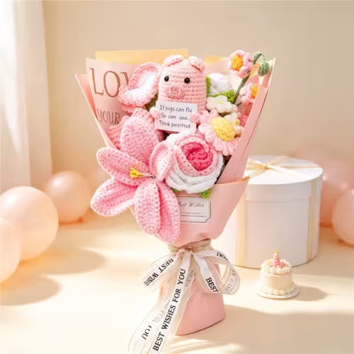 Handmade Crochet Flower Bouquet Featuring Cute Pig Doll Alongside Roses And Lilies, Soft Yarn Everlasting Knitted Bouquet, Indoor Home Decor Ornament