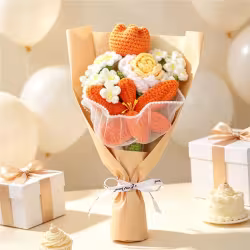 Handmade Crocheted Flower Bouquet, Orange Tulips And Lilies Matched With Roses And Tiny White Blossoms, Soft Yarn Everlasting Knitted Bouquet, Indoor Home Decorative Ornament Handmade Crocheted Flower Bouquet, Orange Tulips And Lilies Matched With Roses And Tiny White Blossoms, Soft Yarn Everlasting Knitted Bouquet, Indoor Home Decorative Ornament