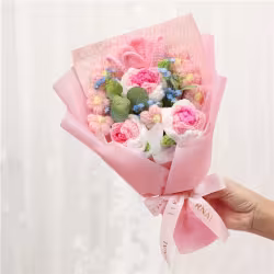 Handmade Knitted Crochet Bouquet, Pink Rose Tulip With Forget Me Not, Everlasting Artificial Yarn Flowers For Home Table Decor And Gift Handmade Knitted Crochet Bouquet, Pink Rose Tulip With Forget Me Not, Everlasting Artificial Yarn Flowers For Home Table Decor And Gift