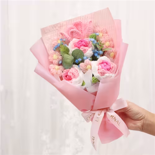 Handmade Knitted Crochet Bouquet, Pink Rose Tulip With Forget Me Not, Everlasting Artificial Yarn Flowers For Home Table Decor And Gift