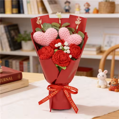 Handmade Crocheted Flower Bouquet, Heart Ornaments Matched With Red Roses And Baby's Breath, Soft Yarn Everlasting Knitted Bouquet, Indoor Home Decorative Ornament