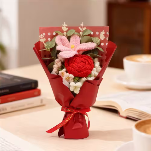Handmade Crochet Knitted Bouquet, Red Rose & Pink Lily Everlasting Yarn Flowers, Romantic Floral Gift For Home Decor And Festivals
