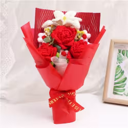 Handmade Crochet Bouquet, Red Roses & White Lily Everlasting Yarn Flowers, Romantic Eternal Floral Arrangement For Gifts Or Home Decoration Handmade Crochet Bouquet, Red Roses & White Lily Everlasting Yarn Flowers, Romantic Eternal Floral Arrangement For Gifts Or Home Decoration