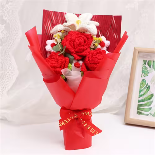 Handmade Crochet Bouquet, Red Roses & White Lily Everlasting Yarn Flowers, Romantic Eternal Floral Arrangement For Gifts Or Home Decoration