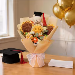 Graduation Handmade Crochet Bouquet, Knitted Sunflowers With Graduate Bear, Eternal Yarn Flower Gift For Graduation & Home Decoration Graduation Handmade Crochet Bouquet, Knitted Sunflowers With Graduate Bear, Eternal Yarn Flower Gift For Graduation & Home Decoration