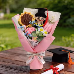 Graduation Hand Crochet Flower Bouquet , Knitted Roses & Sunflowers With Graduate Doll, Eternal Yarn Flower Gift For Graduation Presents Or Home Decor Graduation Hand Crochet Flower Bouquet , Knitted Roses & Sunflowers With Graduate Doll, Eternal Yarn Flower Gift For Graduation Presents Or Home Decor
