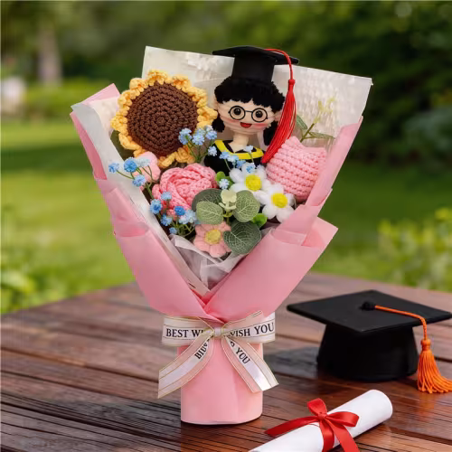 Graduation Hand Crochet Flower Bouquet , Knitted Roses & Sunflowers With Graduate Doll, Eternal Yarn Flower Gift For Graduation Presents Or Home Decor