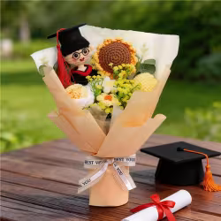 Handmade Crocheted Flower Bouquet, Graduate Figurine Paired With Crochet Sunflower Blossoms, Soft Yarn Everlasting Crochet Bouquet, Indoor Home Decorative Ornament