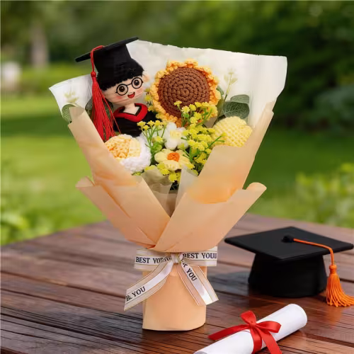 Handmade Crocheted Flower Bouquet, Graduate Figurine Paired With Crochet Sunflower Blossoms, Soft Yarn Everlasting Crochet Bouquet, Indoor Home Decorative Ornament