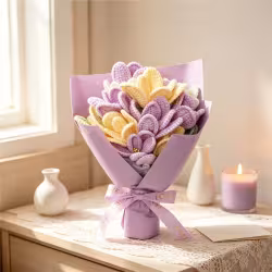Handmade Crochet Tulip Bouquet, Everlasting Soft Yarn Crochet Purple Yellow Mixed Tulip Flowers, Eternal Handmade Crochet Floral Ornament For Home Decor, Anniversary, Birthday & Holiday Gifts Handmade Crochet Tulip Bouquet, Everlasting Soft Yarn Crochet Purple Yellow Mixed Tulip Flowers, Eternal Handmade Crochet Floral Ornament For Home Decor, Anniversary, Birthday & Holiday Gifts