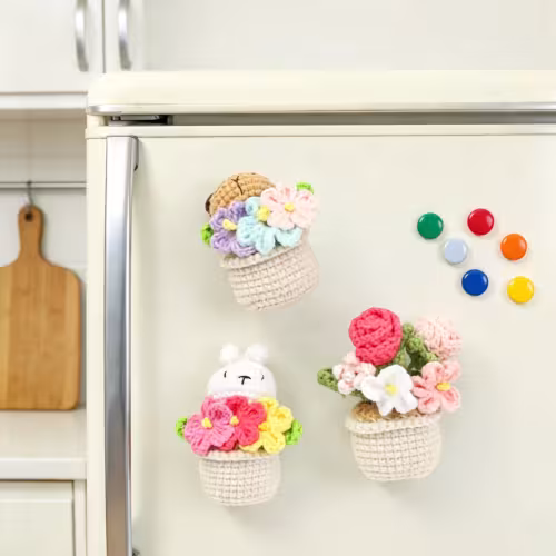 Handmade Crochet Potted Doll Planter Three Piece Set With Lovely Little Animal Colorful Blossoms Soft Yarn Everlasting Crochet Decor Indoor Home Magnetic Decoration Ornament