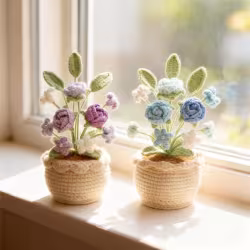 Handmade Crochet Mixed Rose Flower Potted Ornament Soft Yarn Everlasting Crochet Blossom Indoor Home Tabletop Decoration