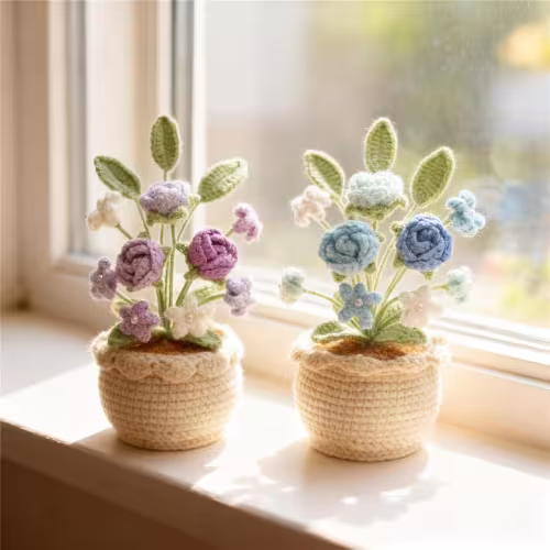 Handmade Crochet Mixed Rose Flower Potted Ornament Soft Yarn Everlasting Crochet Blossom Indoor Home Tabletop Decoration