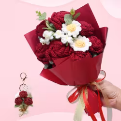 Handmade Crochet Red Rose Mixed Flower Bouquet With Matching Keychain For Valentine Gift Home Table Party Wedding Decoration Handmade Crochet Red Rose Mixed Flower Bouquet With Matching Keychain For Valentine Gift Home Table Party Wedding Decoration