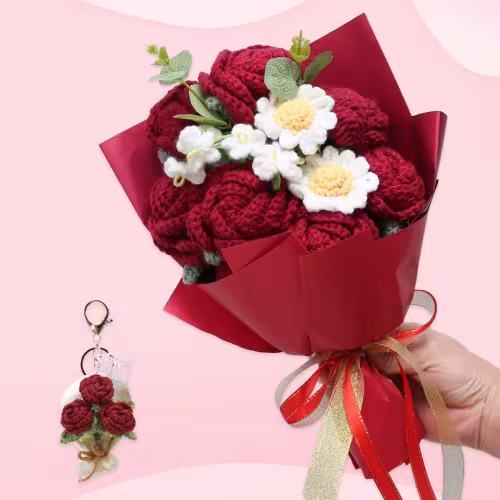 Handmade Crochet Red Rose Mixed Flower Bouquet With Matching Keychain For Valentine Gift Home Table Party Wedding Decoration