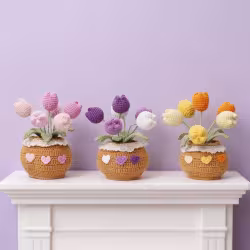 Handmade Crochet Multicolor Tulip Potted Ornament With Heart Decoration And Lace Trim For Birthday Gift Home Desk Decor