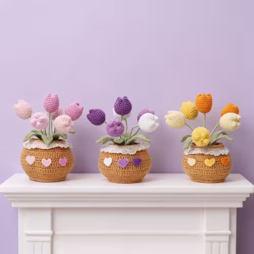 Handmade Crochet Multicolor Tulip Potted Ornament With Heart Decoration And Lace Trim For Birthday Gift Home Desk Decor