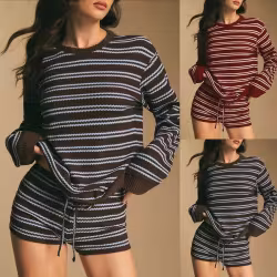Cross-Border European And American Women's Clothing Amazon Autumn New Striped Long-Sleeve T-Shirt And Tie Shorts Casual Two-Piece Set