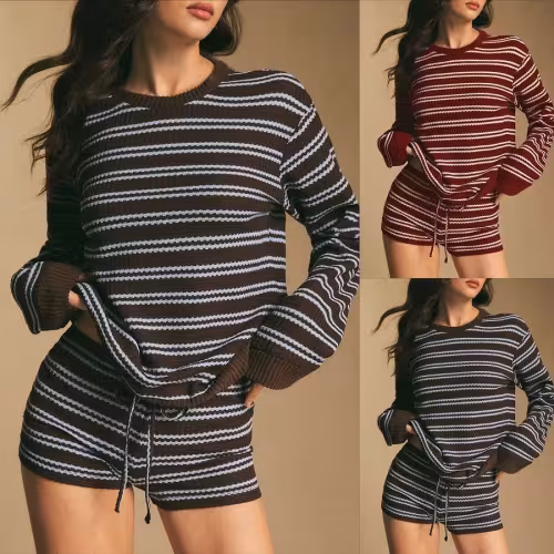 Cross-Border European And American Women's Clothing Amazon Autumn New Striped Long-Sleeve T-Shirt And Tie Shorts Casual Two-Piece Set