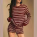 Cross-Border European And American Women's Clothing Amazon Autumn New Striped Long-Sleeve T-Shirt And Tie Shorts Casual Two-Piece Set