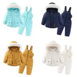 Windproof Waterproof Boys And Girls Big Fur Collar Ski Cotton-padded Overalls Suit Windproof Waterproof Boys And Girls Big Fur Collar Ski Cotton-padded Overalls Suit