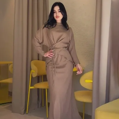 Solid Color Satin Cross Lace-up Nipped Waist Skirt Suit