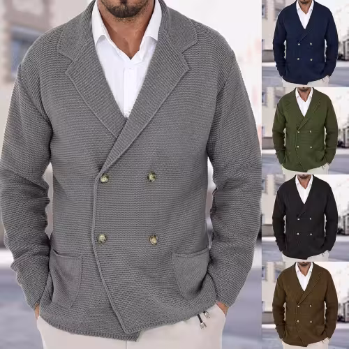 Cardigan Lapel Sweater Coat For Men Fall Winter Slim Double Breasted Sweaters Business Casual Style Lightweight Tops